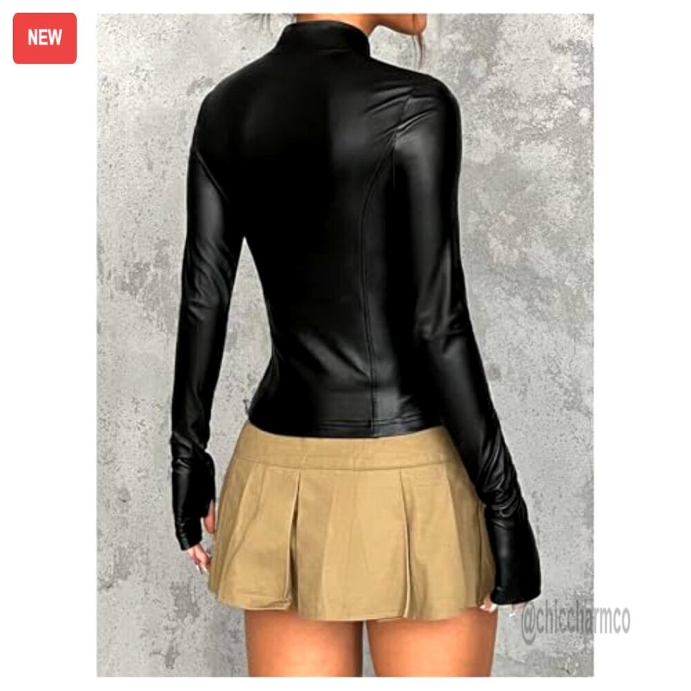 Faux Leather Jacket with Fleece Lining, Mock Neck, Zip Front, Slim Fit - Picture 2 of 5